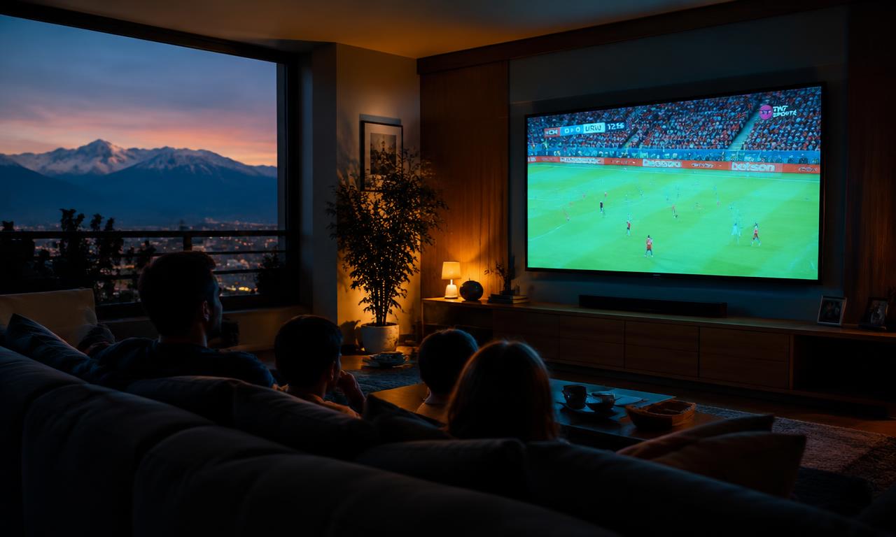 Familia chilena viendo un partido de fútbol por IPTV en su living, con la cordillera de fondo