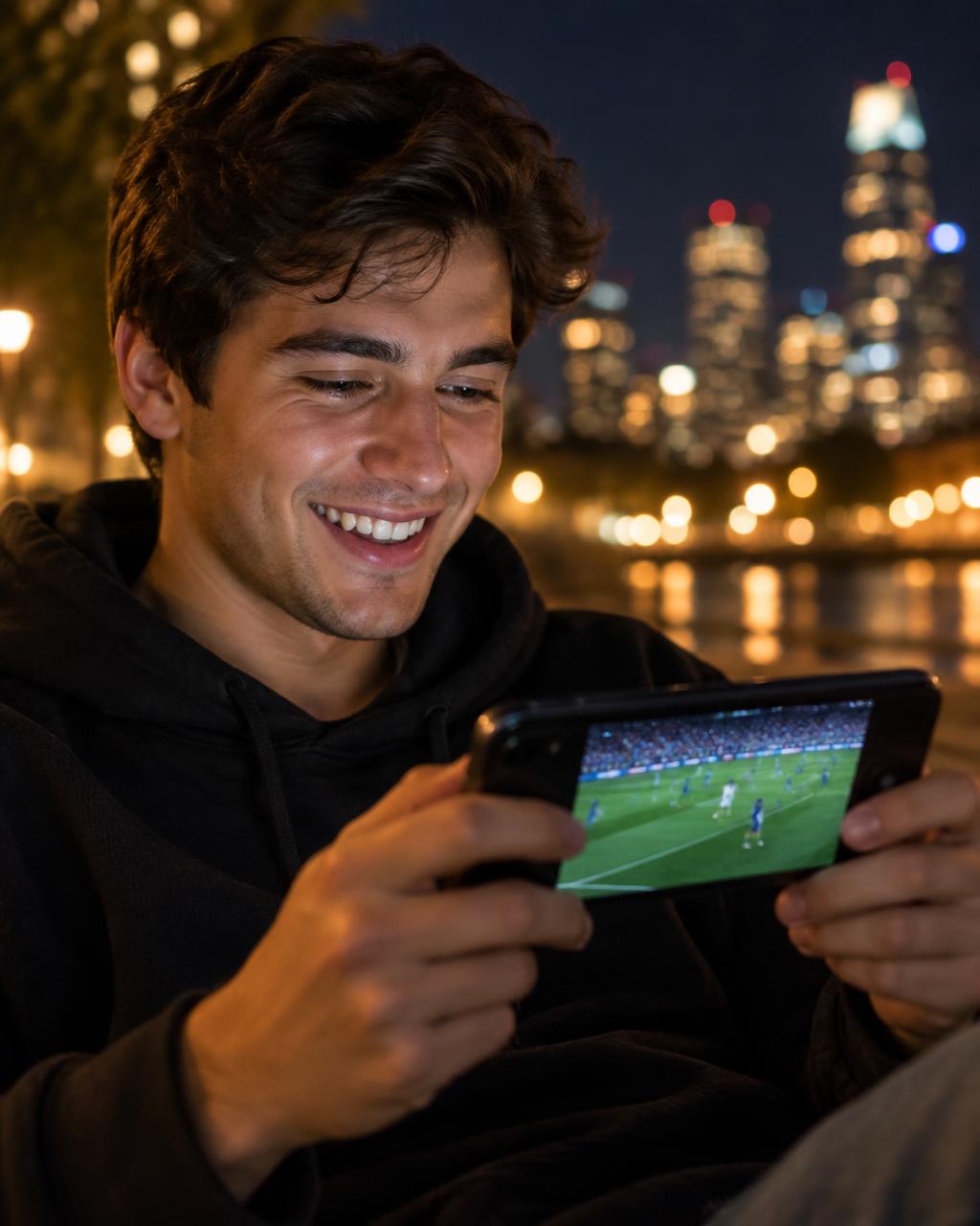 Joven sonriendo mientras ve un partido en su celular