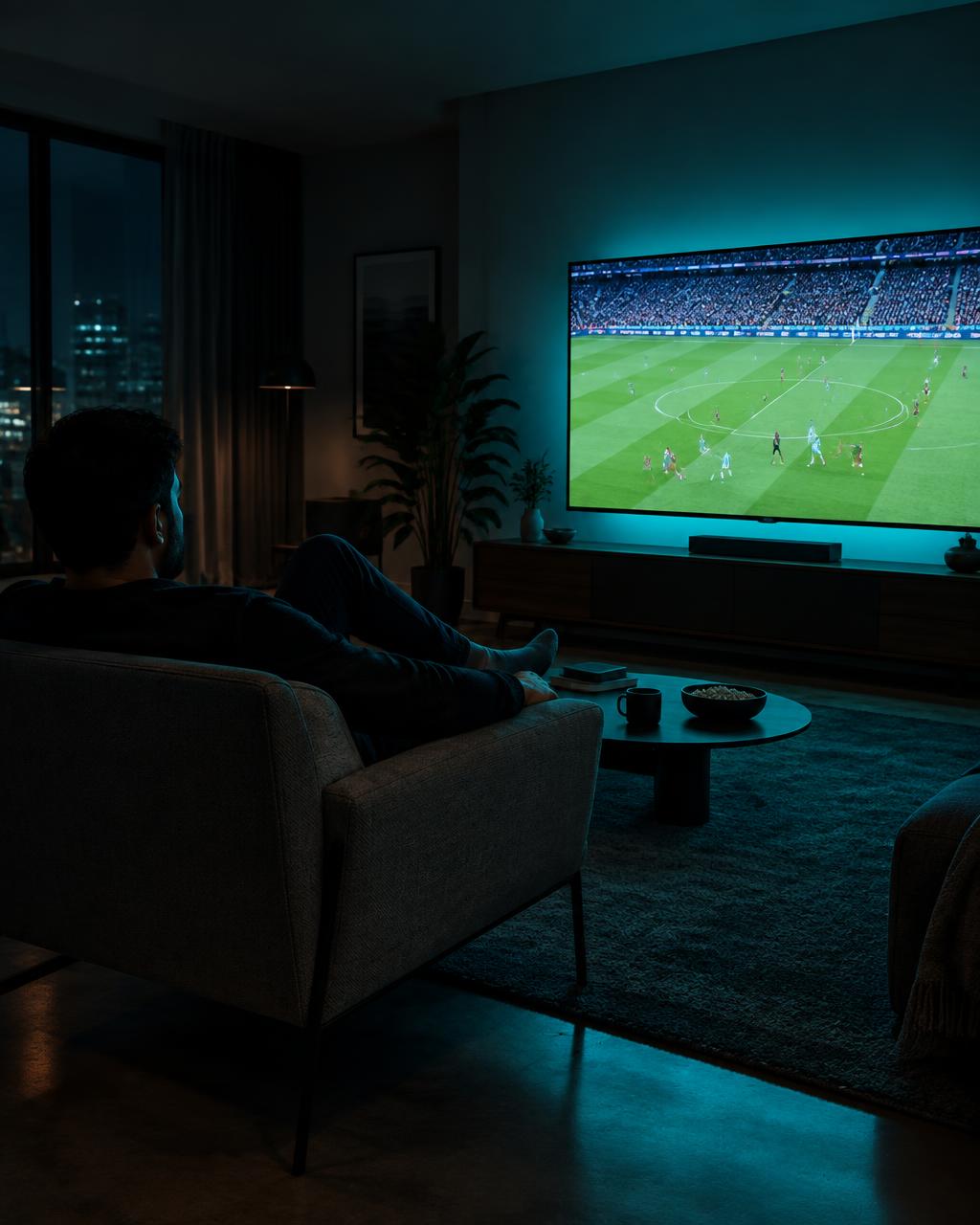 Persona viendo un partido de fútbol en su televisor